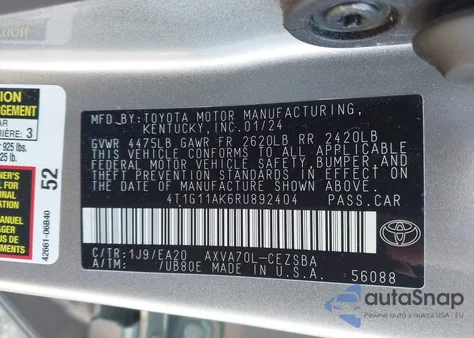 2024 Toyota Camry Se Night Shade/Se z USA, uszkodzony, nr VIN 4T1G11AK6RU892404